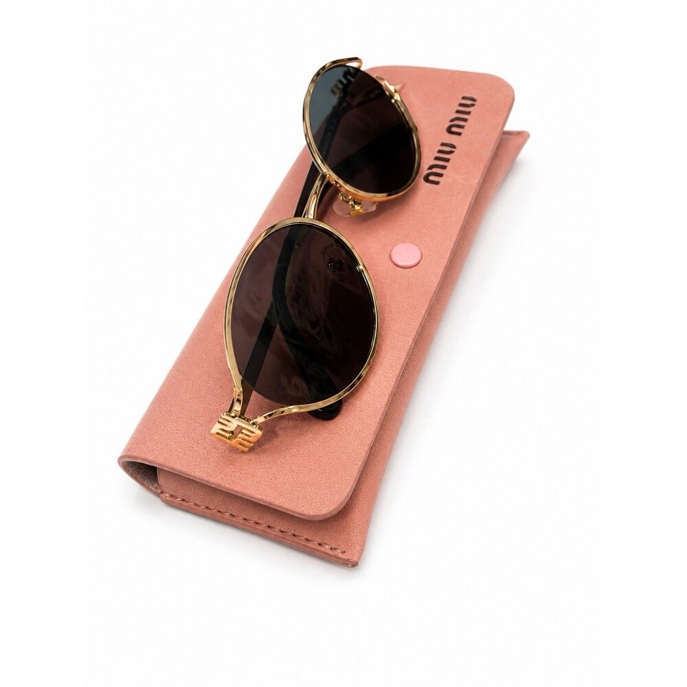 MIU MIU Gold Brass Oval Sunglasses Dark Brown Lenses Women’s Italy Retro Y2K